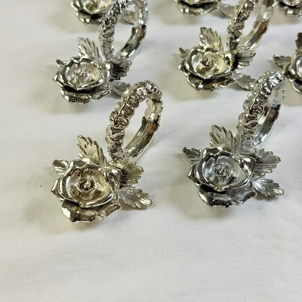 Vintage Silver Tone Rose Metal Holders Napkin Rings Set of 12 Floral Table Decor